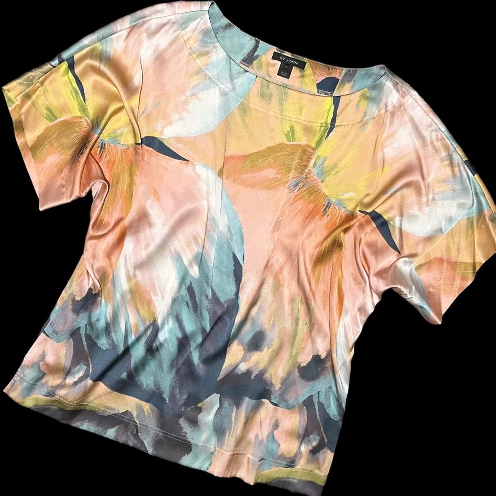 St. John • Abstract Watercolor Luxe Silk Blend Blouse || XL